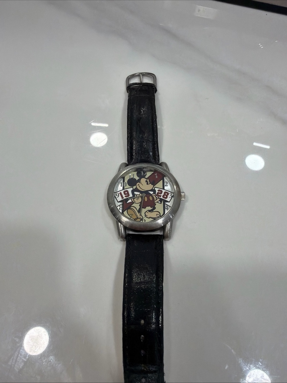 Black Leather Strap Mickey Mouse Wristwatch